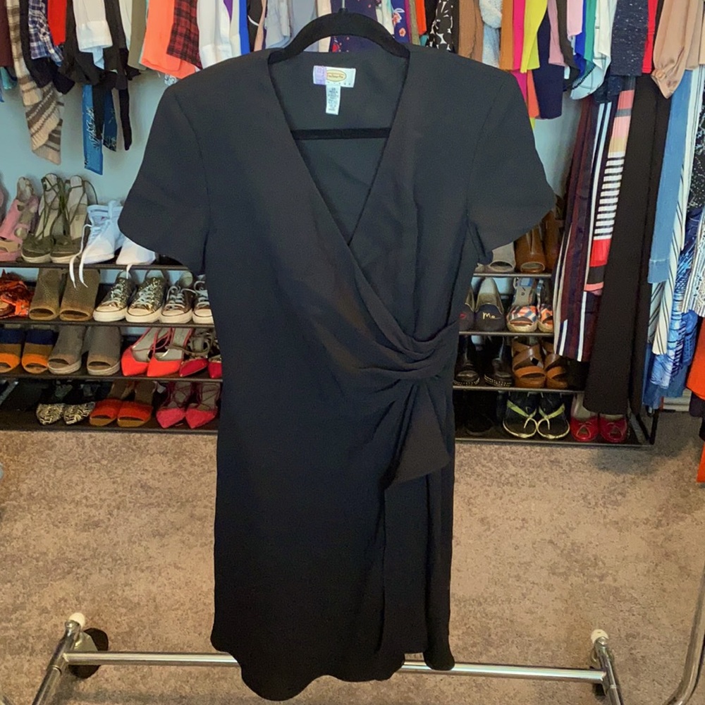 Black faux wrap dress.